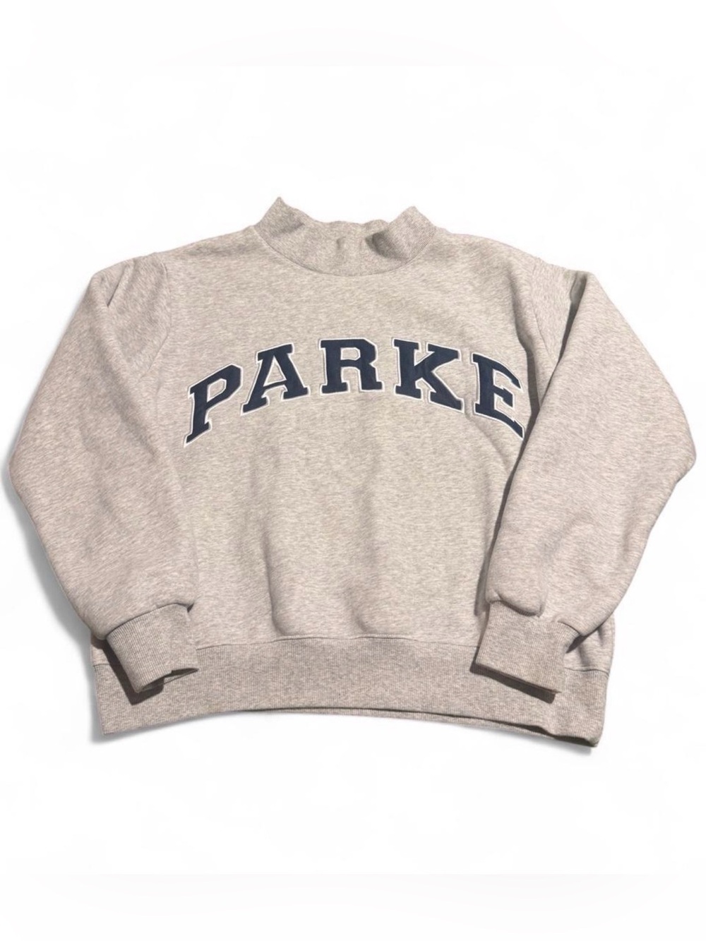 Parke gray sweatshirt with navy blue arched text reading 'PARKE', size S/M